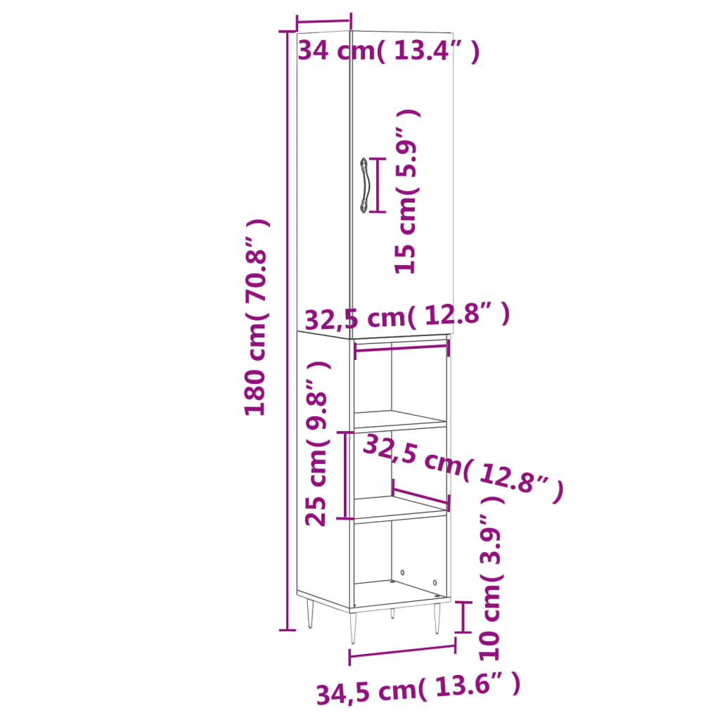 vidaXL Visoka komoda dimljeni hrast 34,5x34x180cm konstruiranog drva