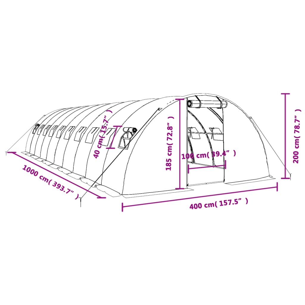 vidaXL Staklenik s čeličnim okvirom bijeli 40 m² 10 x 4 x 2 m