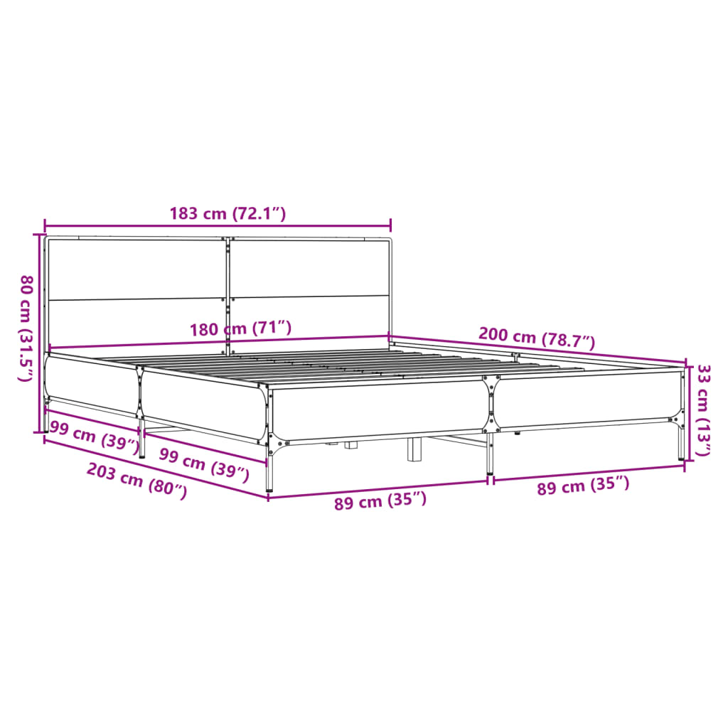 vidaXL Okvir kreveta boja hrasta 180x20 cm konstruirano drvo i metal