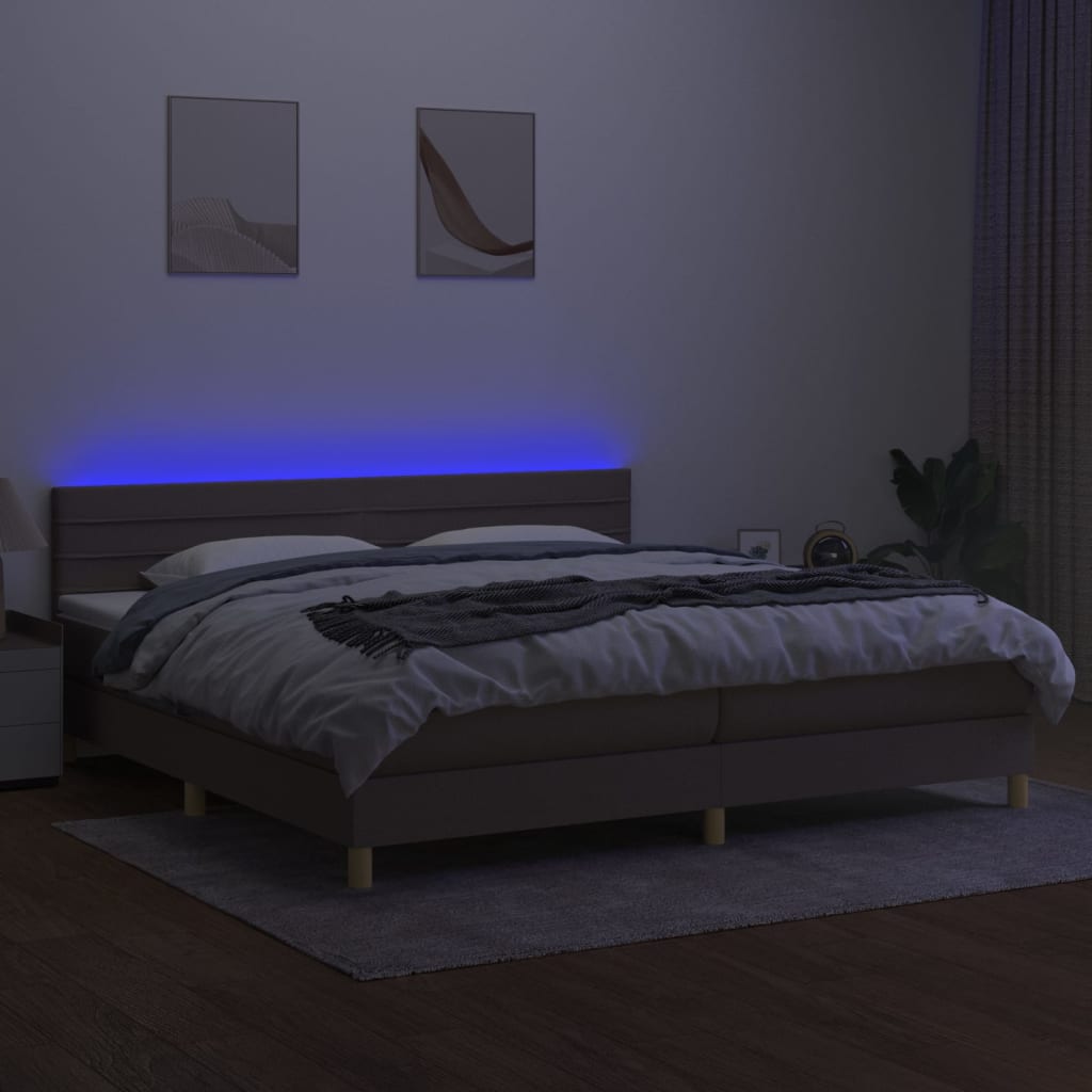 vidaXL Krevet box spring s madracem LED smeđesivi 200x200 cm tkanina