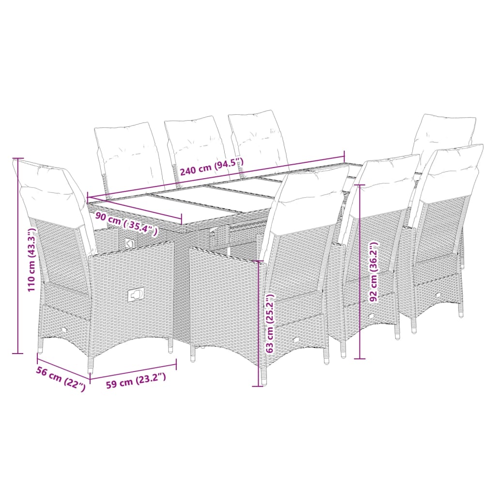 vidaXL 9-dijelni vrtni bistro set od poliratana s jastucima sivi