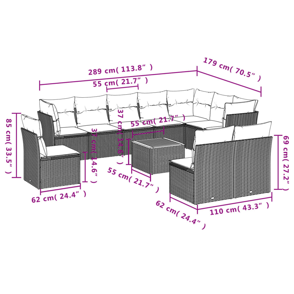 vidaXL 11-dijelni set vrtnih sofa od poliratana s jastucima bež