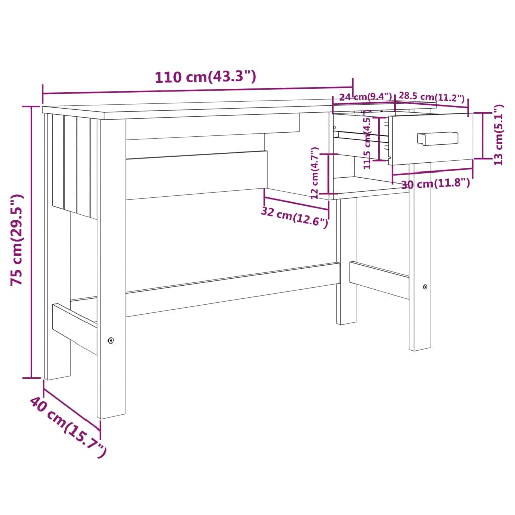 vidaXL Radni stol HAMAR bijeli 110 x 40 x 75 cm od masivne borovine