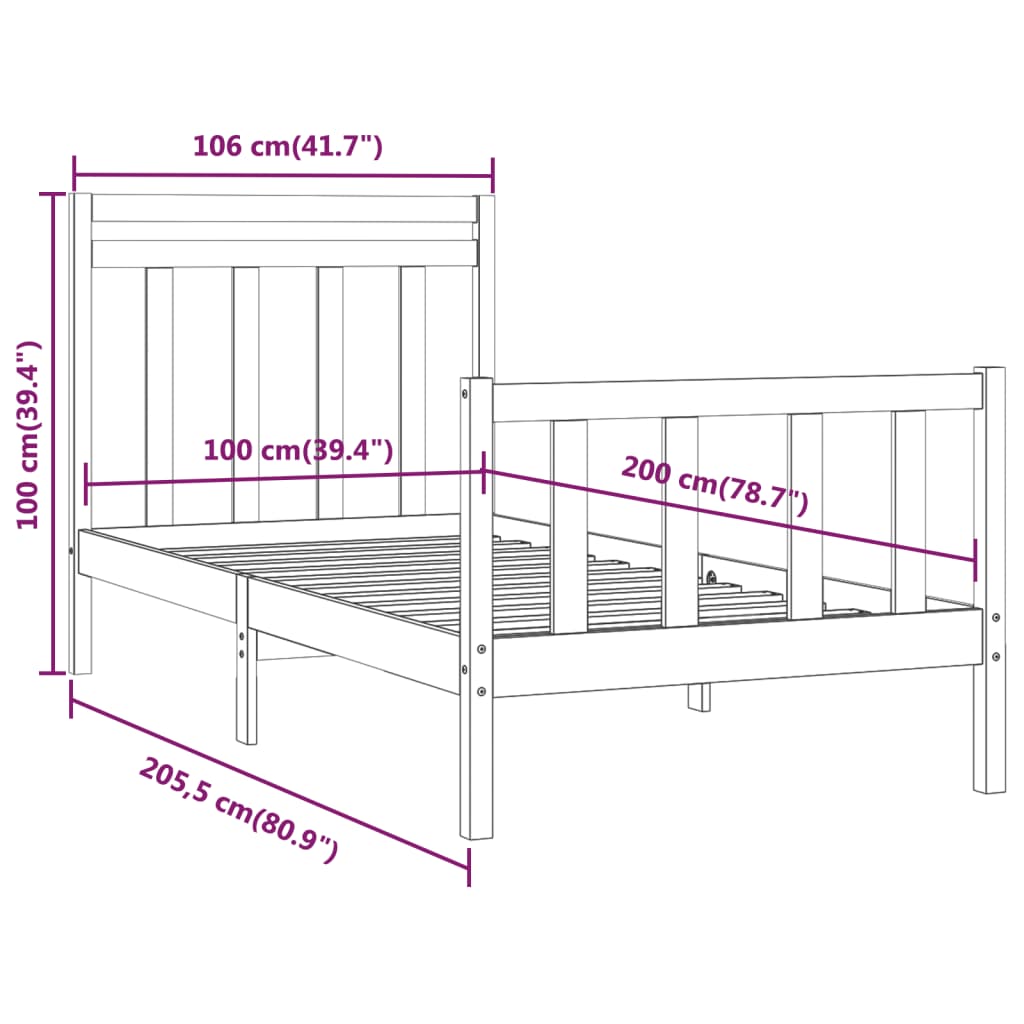 vidaXL Okvir za krevet od masivne borovine bijeli 100 x 200 cm