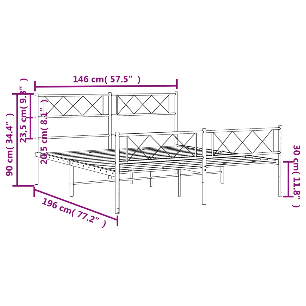 vidaXL Metalni okvir kreveta uzglavlje i podnožje bijeli 140 x 190 cm