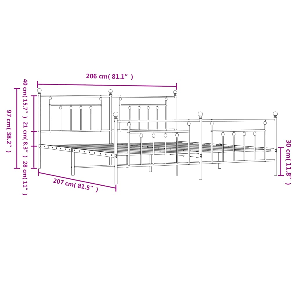 vidaXL Metalni okvir kreveta uzglavlje i podnožje crni 200x200 cm