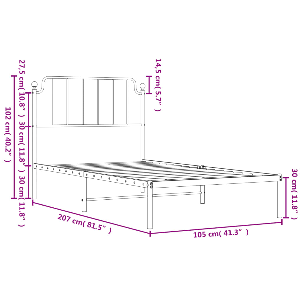 vidaXL Metalni okvir za krevet s uzglavljem bijeli 100x200 cm