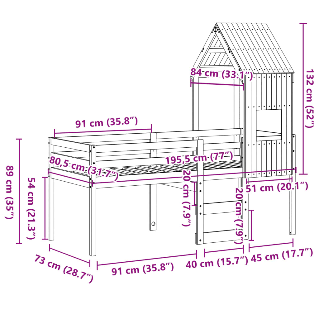 vidaXL Visoki krevet s krovom 75 x 190 cm od masivne borovine