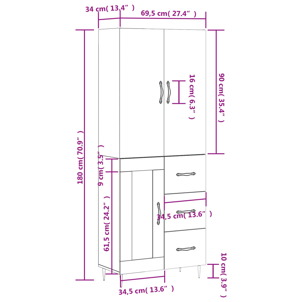 vidaXL Visoka komoda siva betona 69,5x34x180 cm od konstruiranog drva