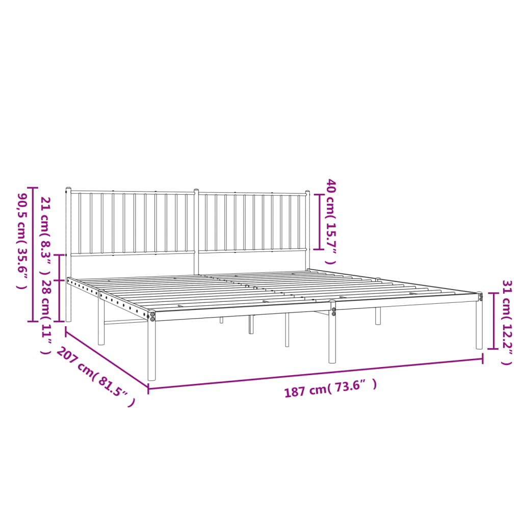 vidaXL Metalni okvir za krevet s uzglavljem crni 180x200 cm