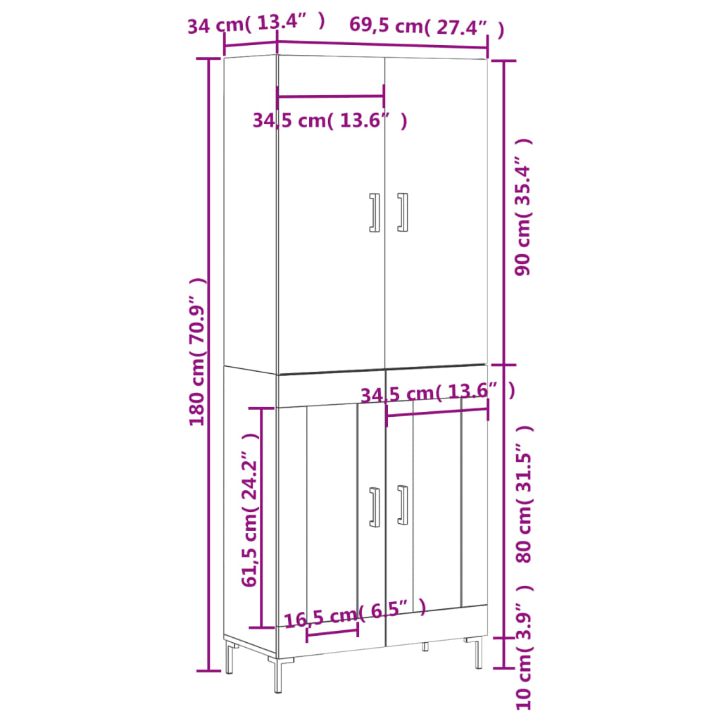 vidaXL Visoka komoda siva betona 69,5x34x180 cm od konstruiranog drva