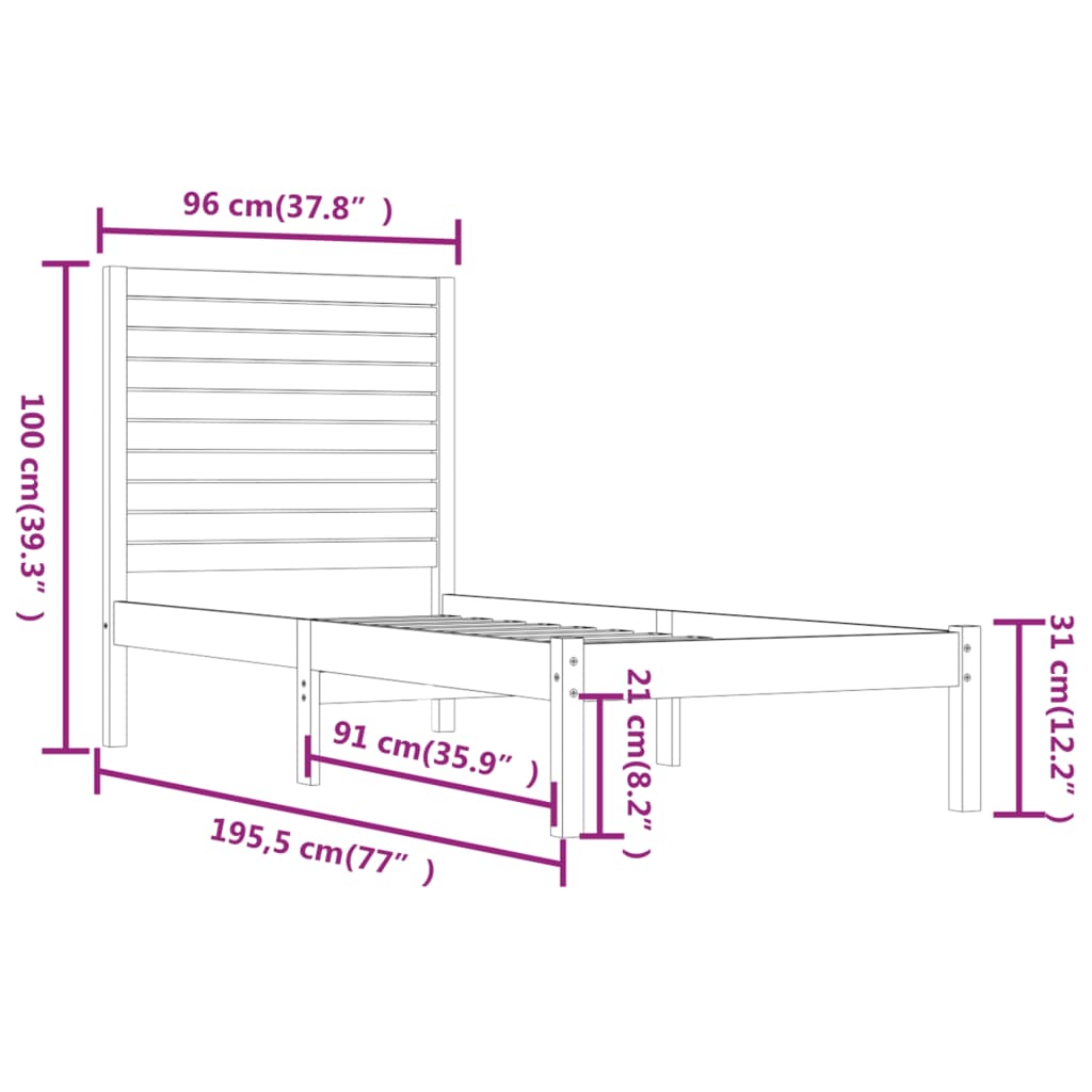 vidaXL Okvir za krevet crni masivno drvo 90 x 190cm 3FT6 jednokrevetni