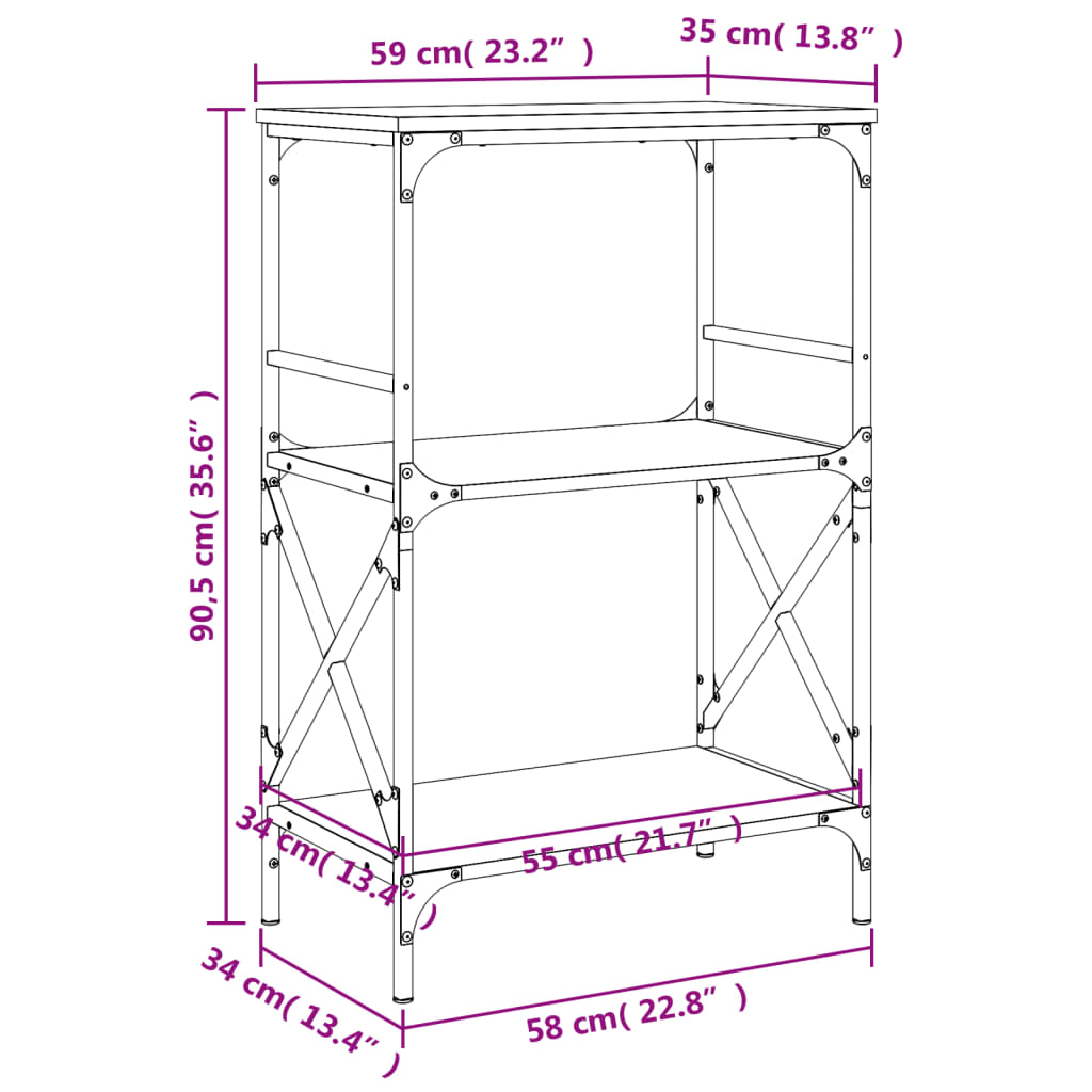 vidaXL Regal za knjige 3 razine siva boja hrasta 59x35x90,5 cm drveni