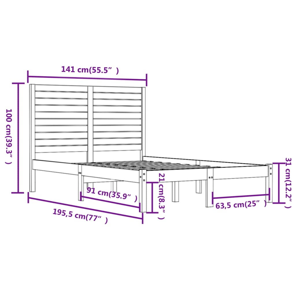 vidaXL Okvir za krevet od masivnog drva crni 135 x 190 cm 4FT6 bračni