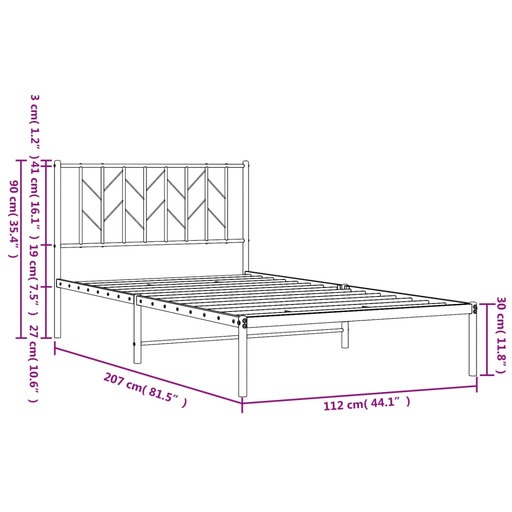 vidaXL Metalni okvir za krevet s uzglavljem crni 107x203 cm