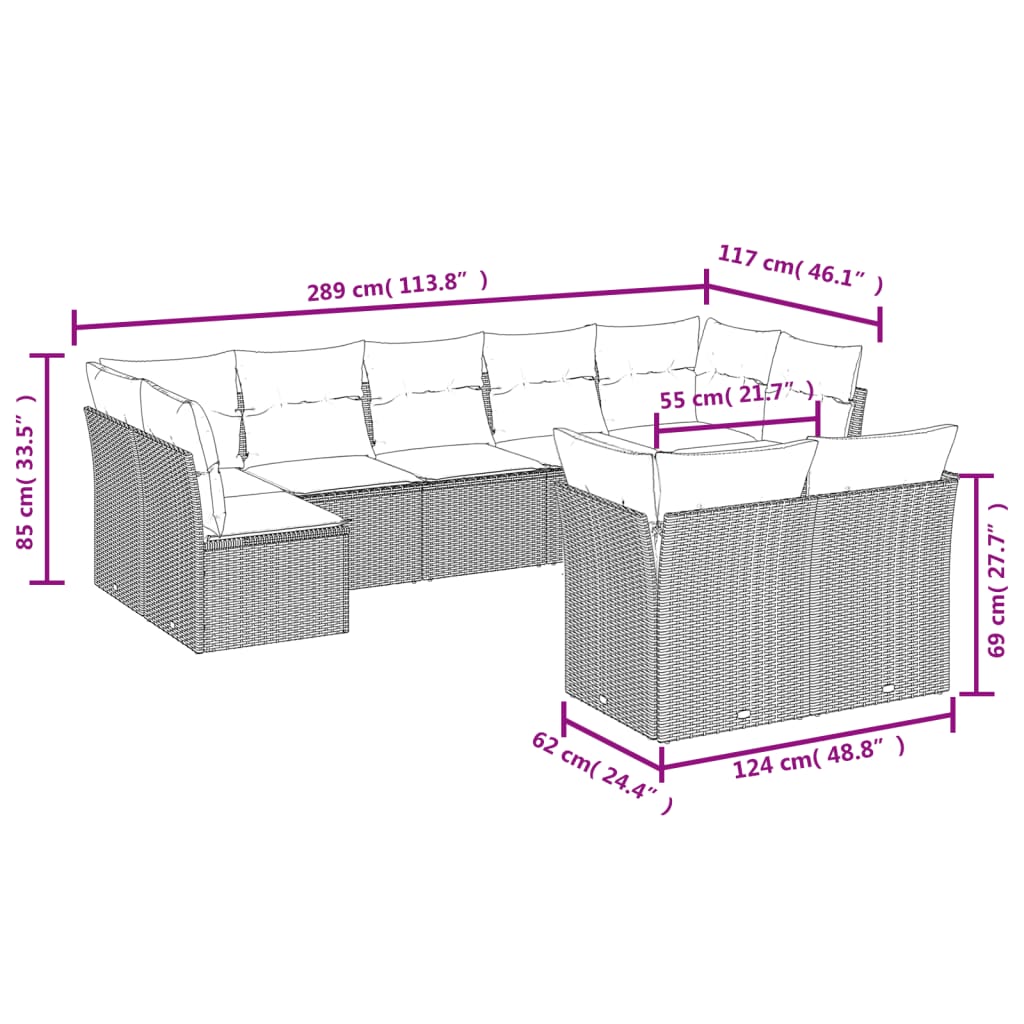 vidaXL 9-dijelni set vrtnih sofa s jastucima crni od poliratana