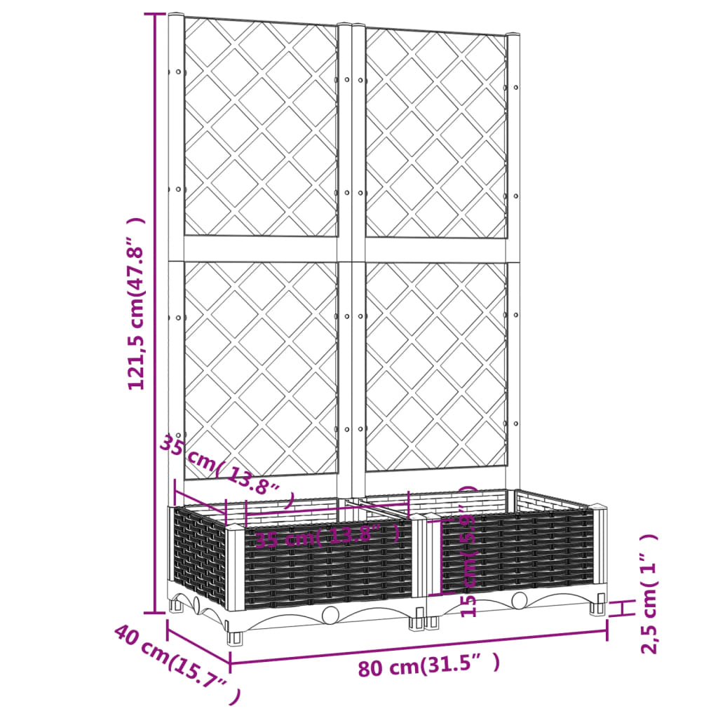 vidaXL Vrtna sadilica s rešetkom crna 80 x 40 x 121,5 cm PP