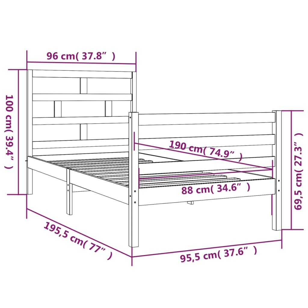 vidaXL Okvir za krevet masivno drvo bijeli 90x190 cm 3FT jednokrevetni