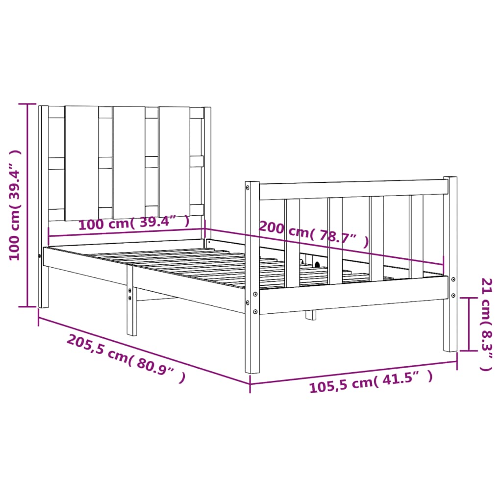 vidaXL Okvir za krevet s uzglavljem crna 100x200 cm od masivnog drva