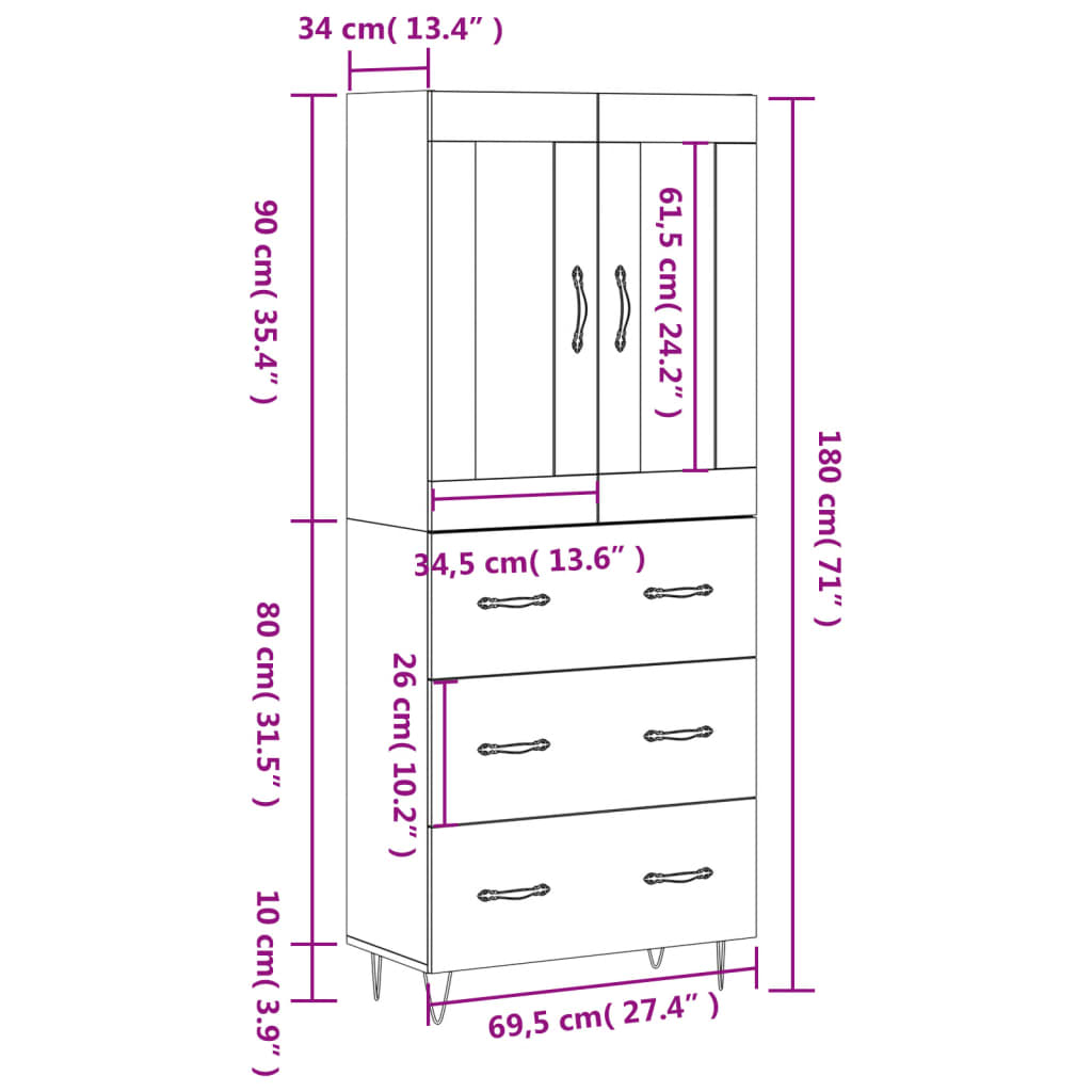 vidaXL Visoka komoda dimljeni hrast 69,5x34x180 cm konstruiranog drva