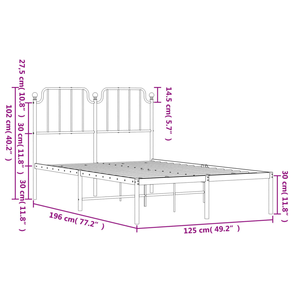 vidaXL Metalni okvir za krevet s uzglavljem bijeli 120 x 190 cm