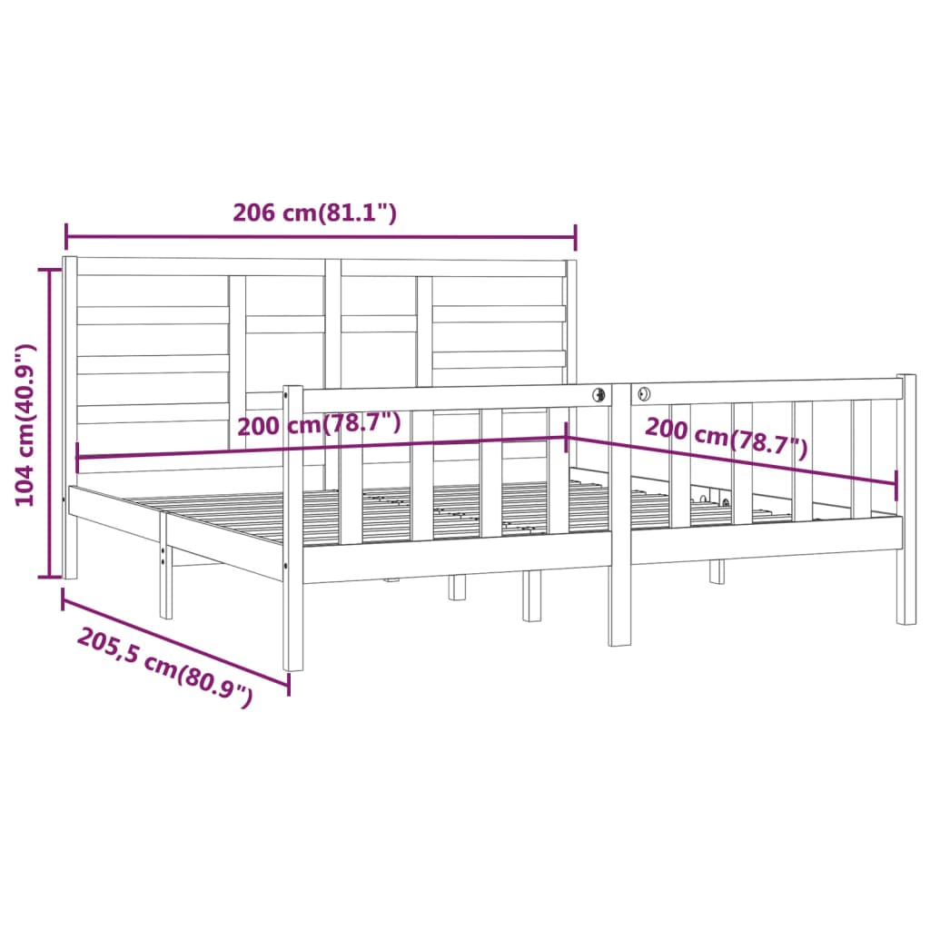 vidaXL Okvir za krevet od masivne borovine crni 200 x 200 cm