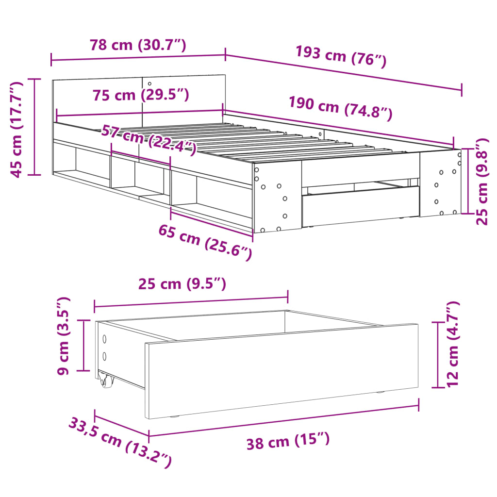 vidaXL Okvir kreveta s ladicom siva boja betona 75x190 cm drveni