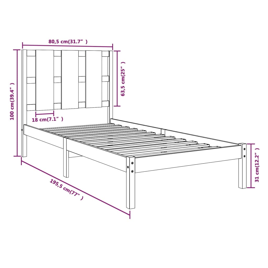 vidaXL Okvir za krevet od masivnog drva bijeli 75 x 190 cm mali