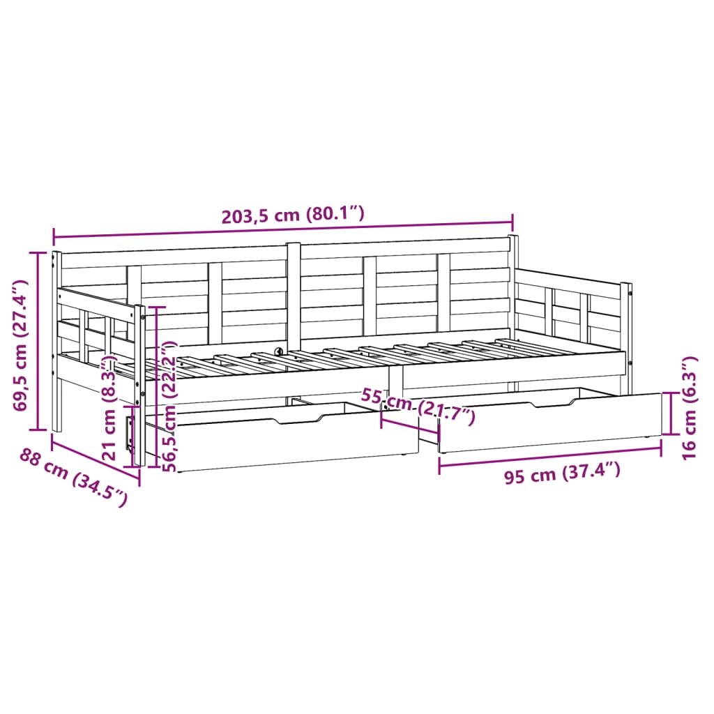 vidaXL Dnevni krevet s ladicama bez madraca 80x200 cm masivno drvo