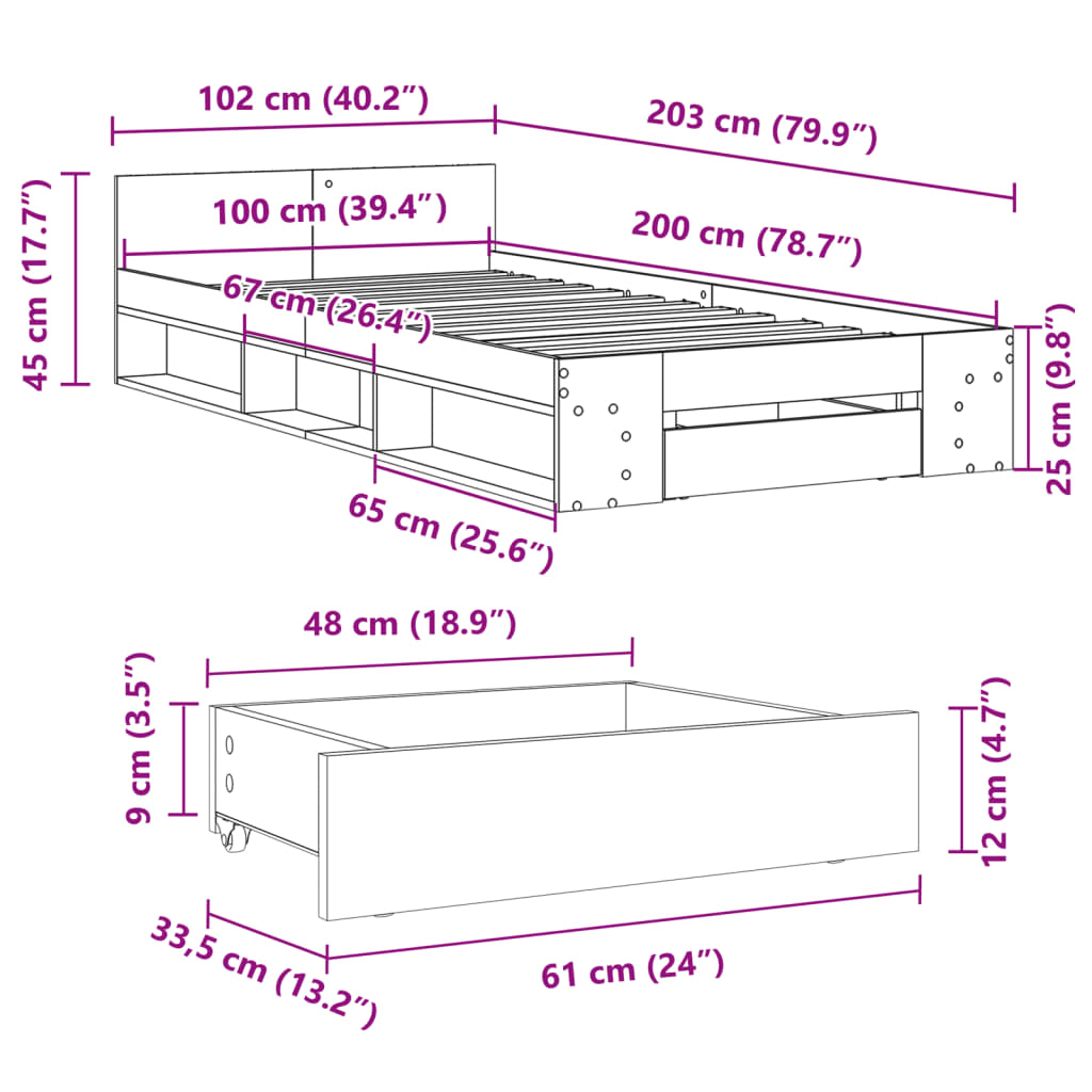 vidaXL Okvir za krevet s ladicom boja hrasta 100x200 cm drveni