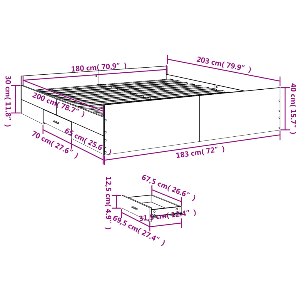 vidaXL Okvir za krevet s ladicama boja hrasta 180x200 cm