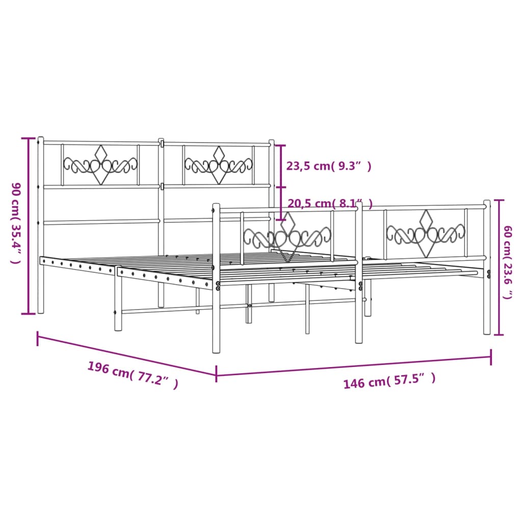 vidaXL Metalni okvir kreveta uzglavlje i podnožje crni 140x190 cm