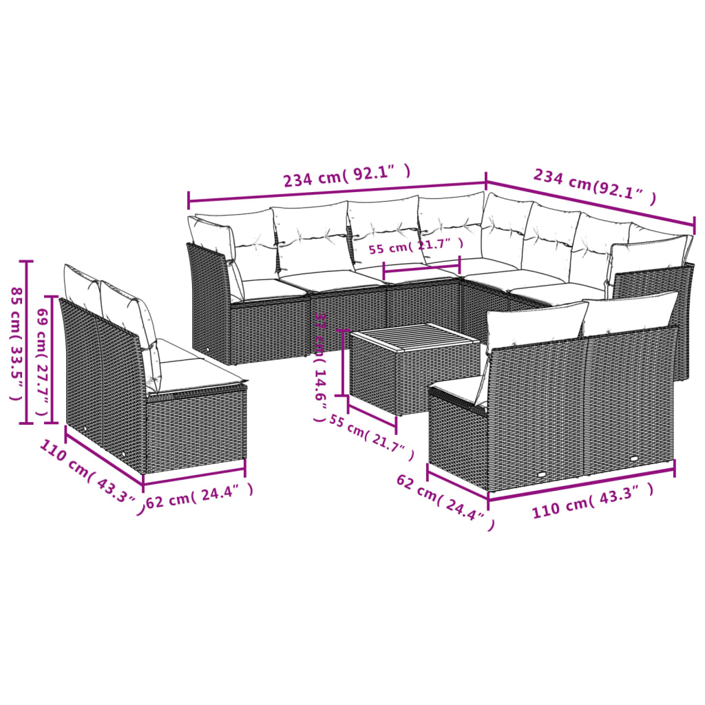 vidaXL 12-dijelni set vrtnih sofa od poliratana s jastucima crni