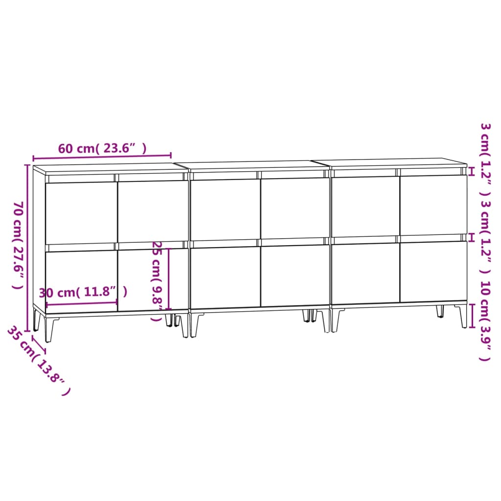 vidaXL Komode 3 kom bijela 60x35x70cm konstruirano drvo