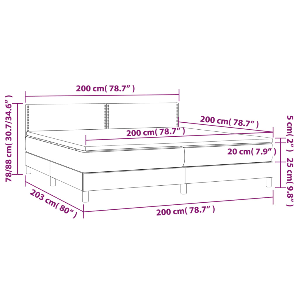 vidaXL Krevet box spring s madracem LED svjetlosivi 200x200 cm tkanina