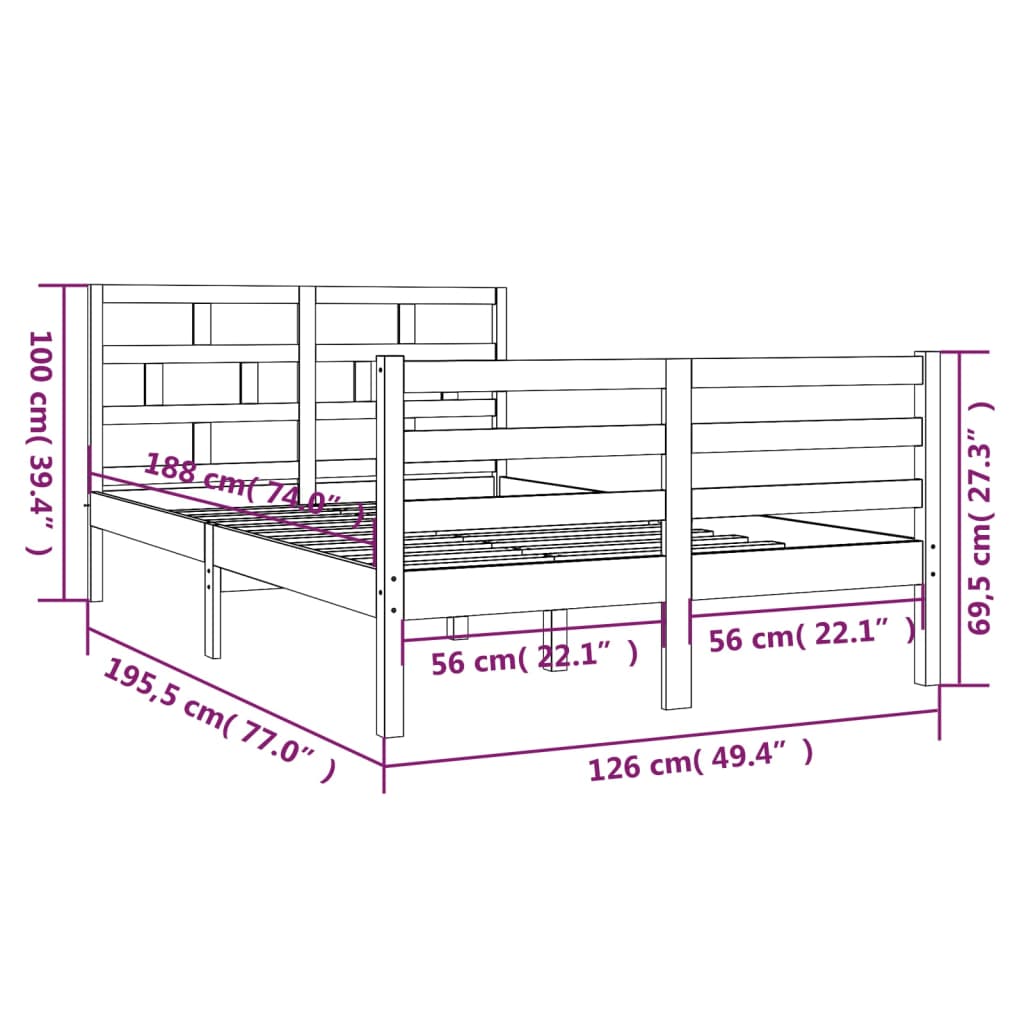 vidaXL Okvir za krevet od masivnog drva bijeli 120 x 190 cm 4FT bračni