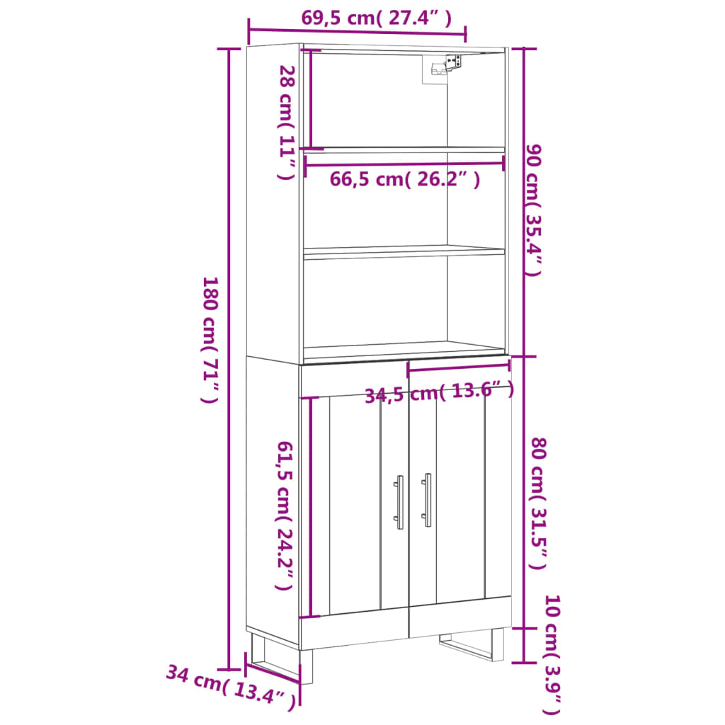 vidaXL Visoka komoda siva betona 69,5x34x180 cm od konstruiranog drva