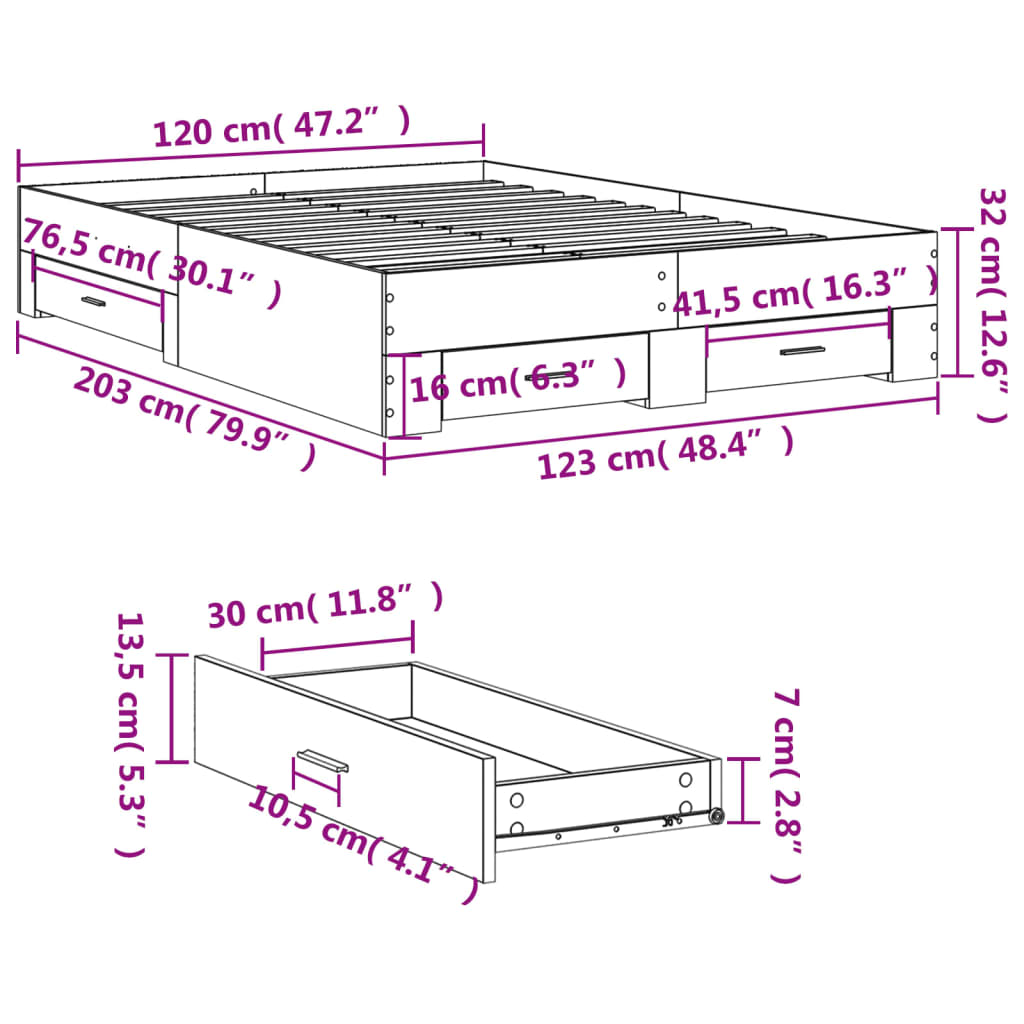 vidaXL Okvir za krevet s ladicama boja hrasta 120x200 cm drveni