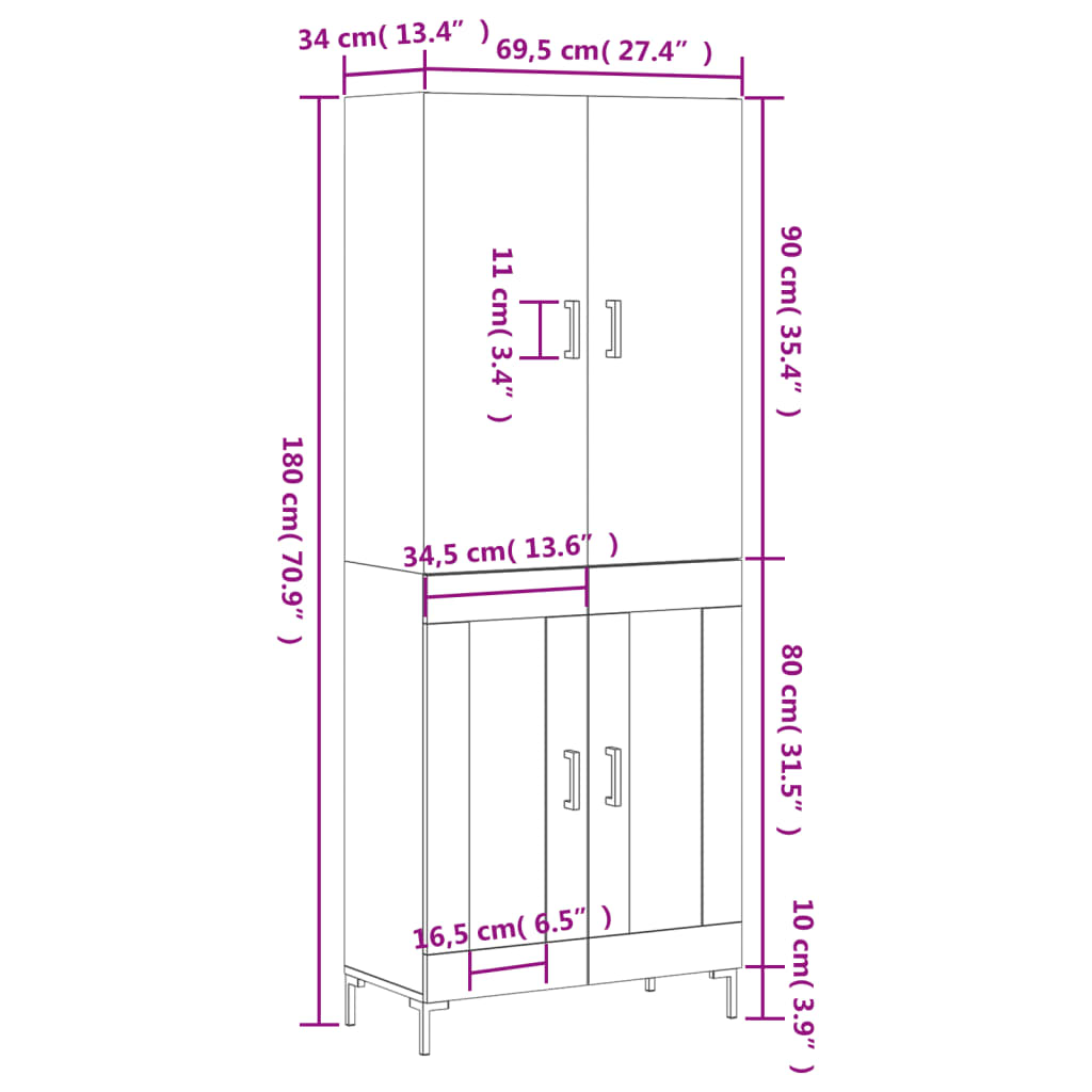 vidaXL Visoka komoda boja hrasta 69,5x34x180 cm od konstruiranog drva