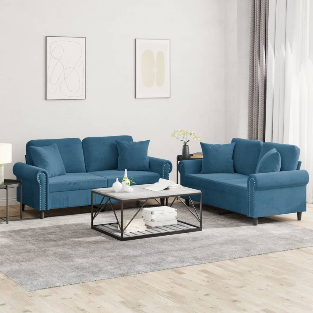 vidaXL 2-dijelni set sofa s jastucima plavi baršunasti