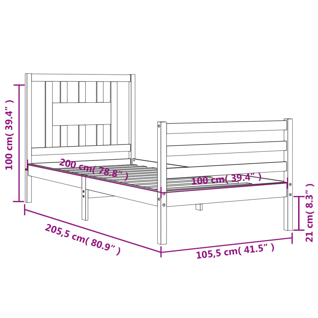 vidaXL Okvir za krevet s uzglavljem crna 100x200 cm od masivnog drva