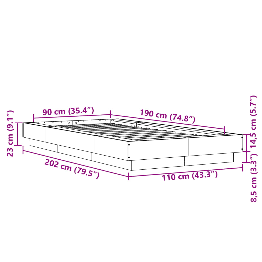 vidaXL Okvir za krevet crni 90 x 190 cm od konstruiranog drva