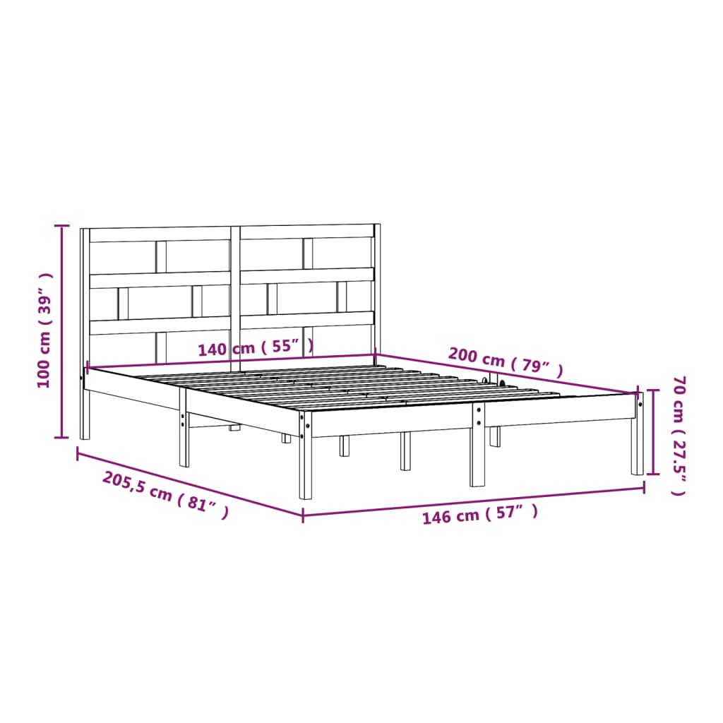 vidaXL Okvir za krevet od masivne borovine crni 140 x 200 cm