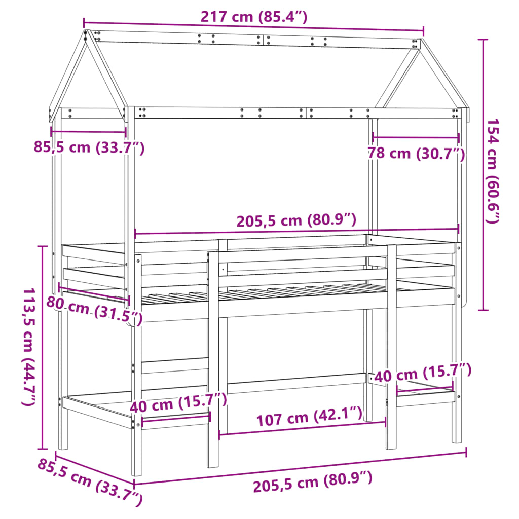 vidaXL Krevet na kat s ljestvama i krovom 80x200 cm od borovine