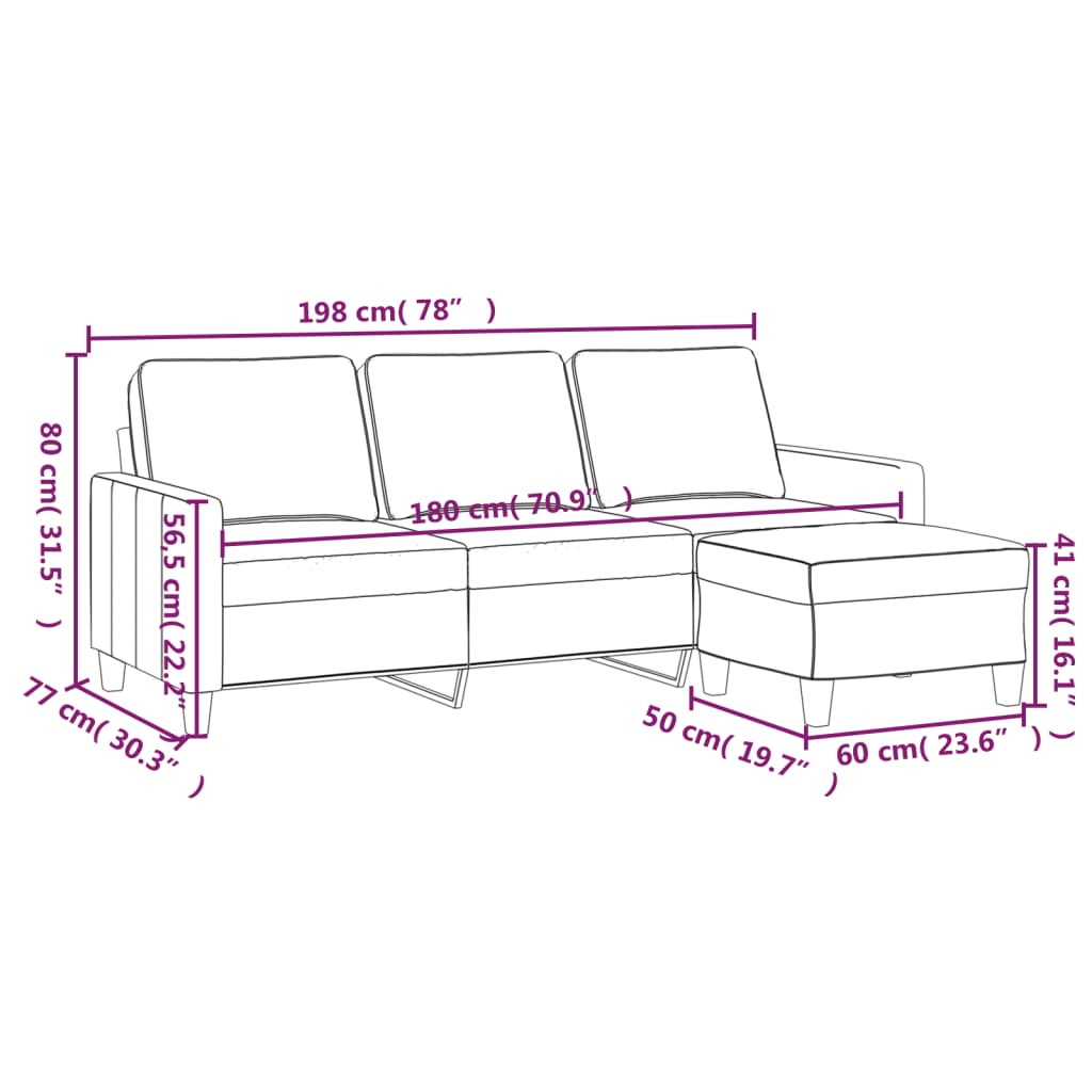 vidaXL Trosjed s tabureom crni 180 cm od tkanine