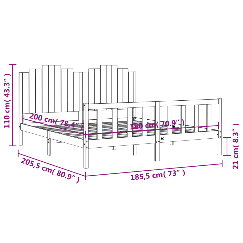 vidaXL Okvir kreveta s uzglavljem crni 180 x 200 cm od masivnog drva