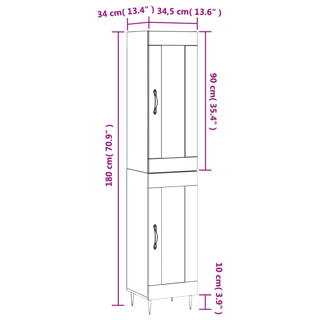 vidaXL Visoka komoda siva sonome 34,5x34x180 cm od konstruiranog drva