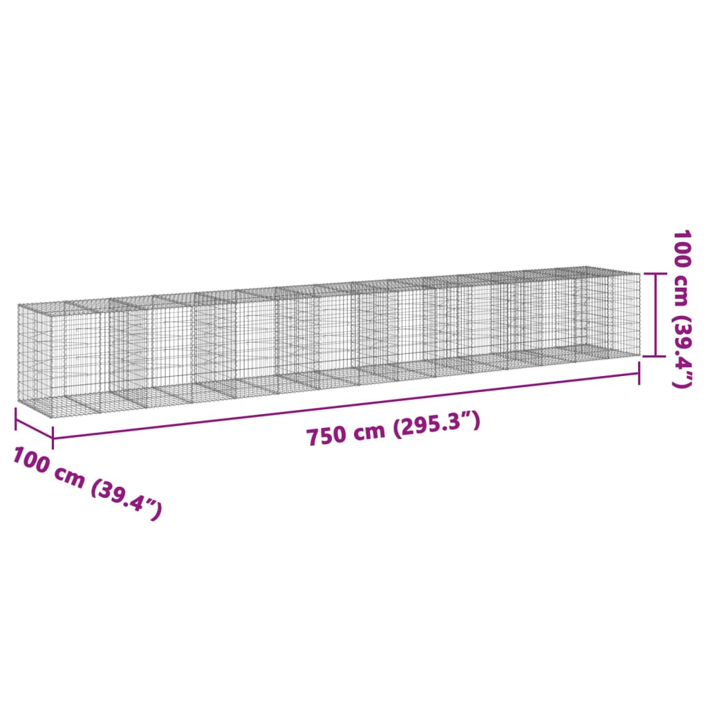 vidaXL Gabionska košara s poklopcem 750x100x100 cm pocinčano željezo