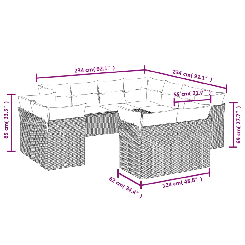 vidaXL 11-dijelni set vrtnih sofa od poliratana s jastucima bež