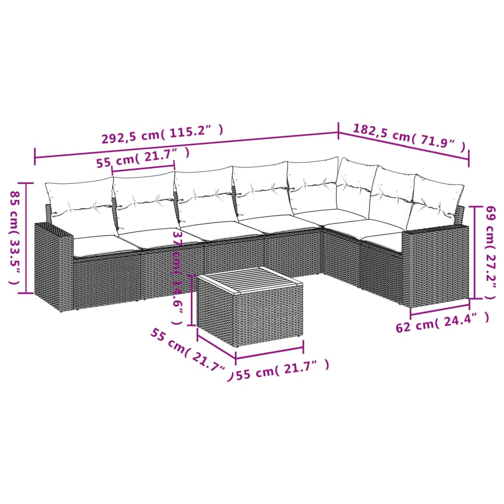 vidaXL 8-dijelni set vrtnih sofa od poliratana s jastucima bež